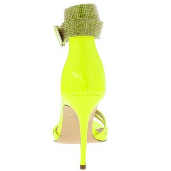 OLIVIA Neon Yellow Patent Open Toe Rhinestone Heel - Picture 3 of 3